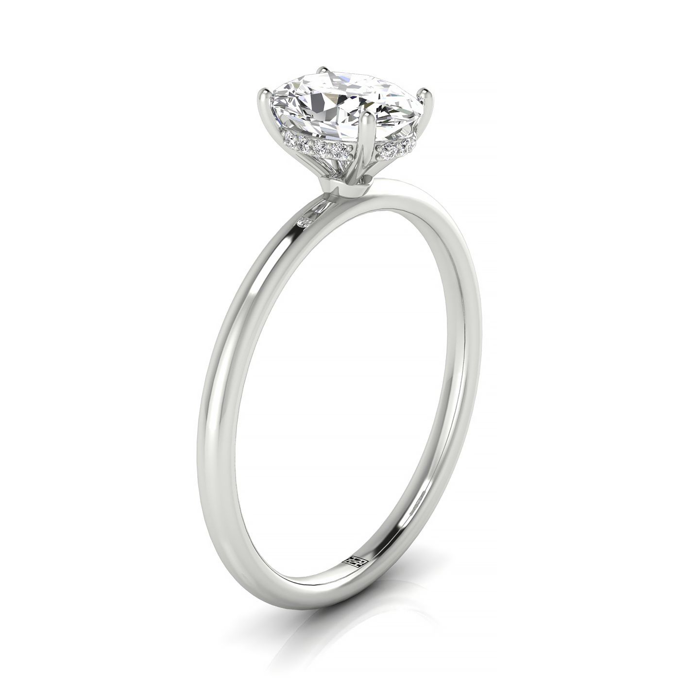 Plat Oval Solitaire Engagement Ring With Upper Hidden Halo With 16 Prong Set Round Diamonds