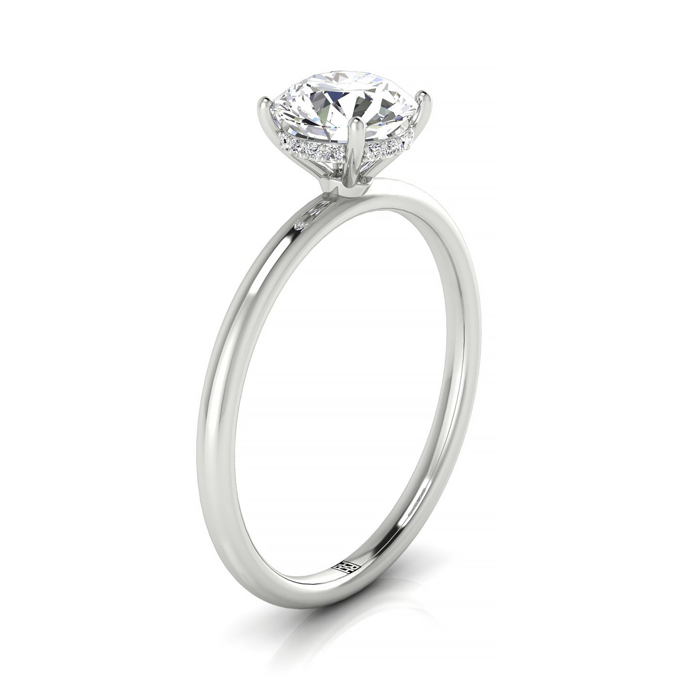 Plat Round Solitaire Engagement Ring With Upper Hidden Halo With 16 Prong Set Round Diamonds