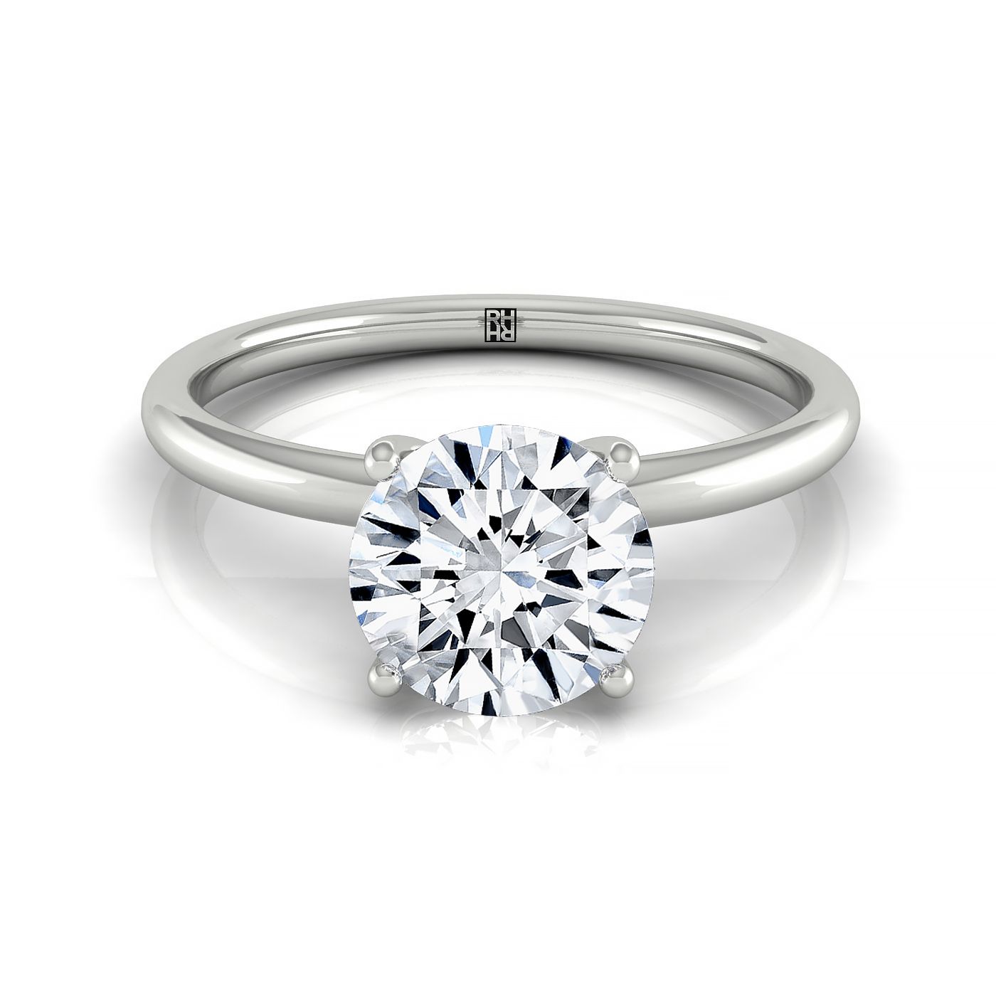 18kw Round Solitaire Engagement Ring With Lower Hidden Halo Curved With 8 Prong Set Round Diamonds