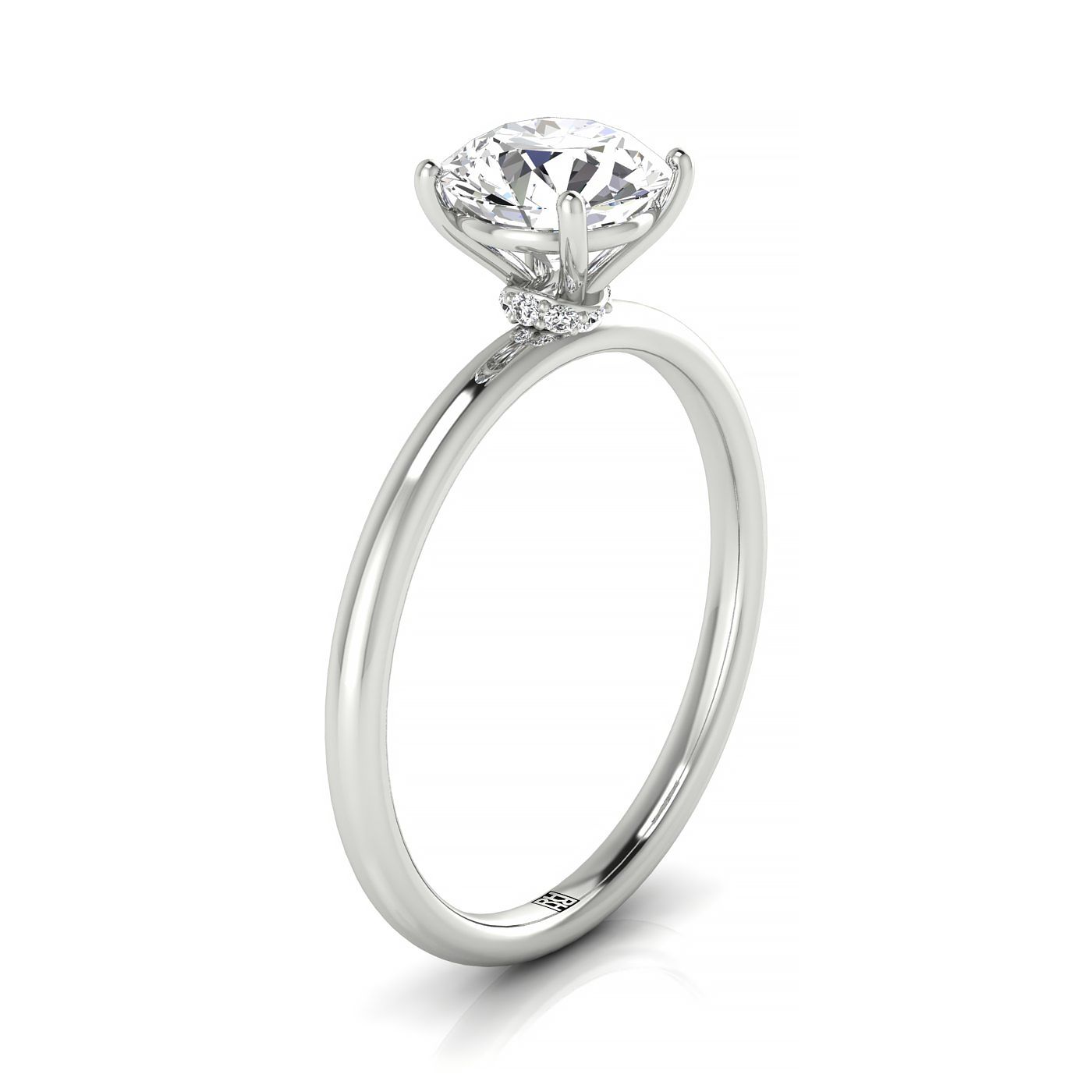Plat Round Solitaire Engagement Ring With Lower Hidden Halo Curved With 8 Prong Set Round Diamonds