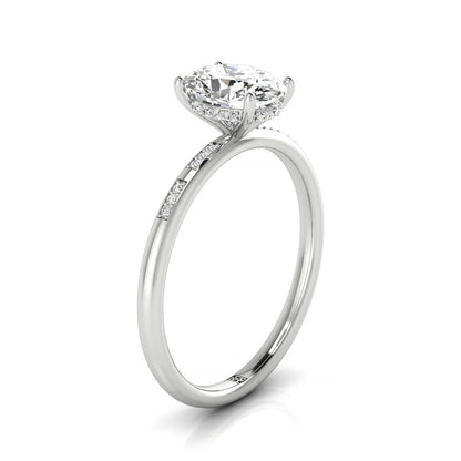 Plat Oval Engagement Ring With High Hidden Halo With 26 Prong Set Round Diamonds
