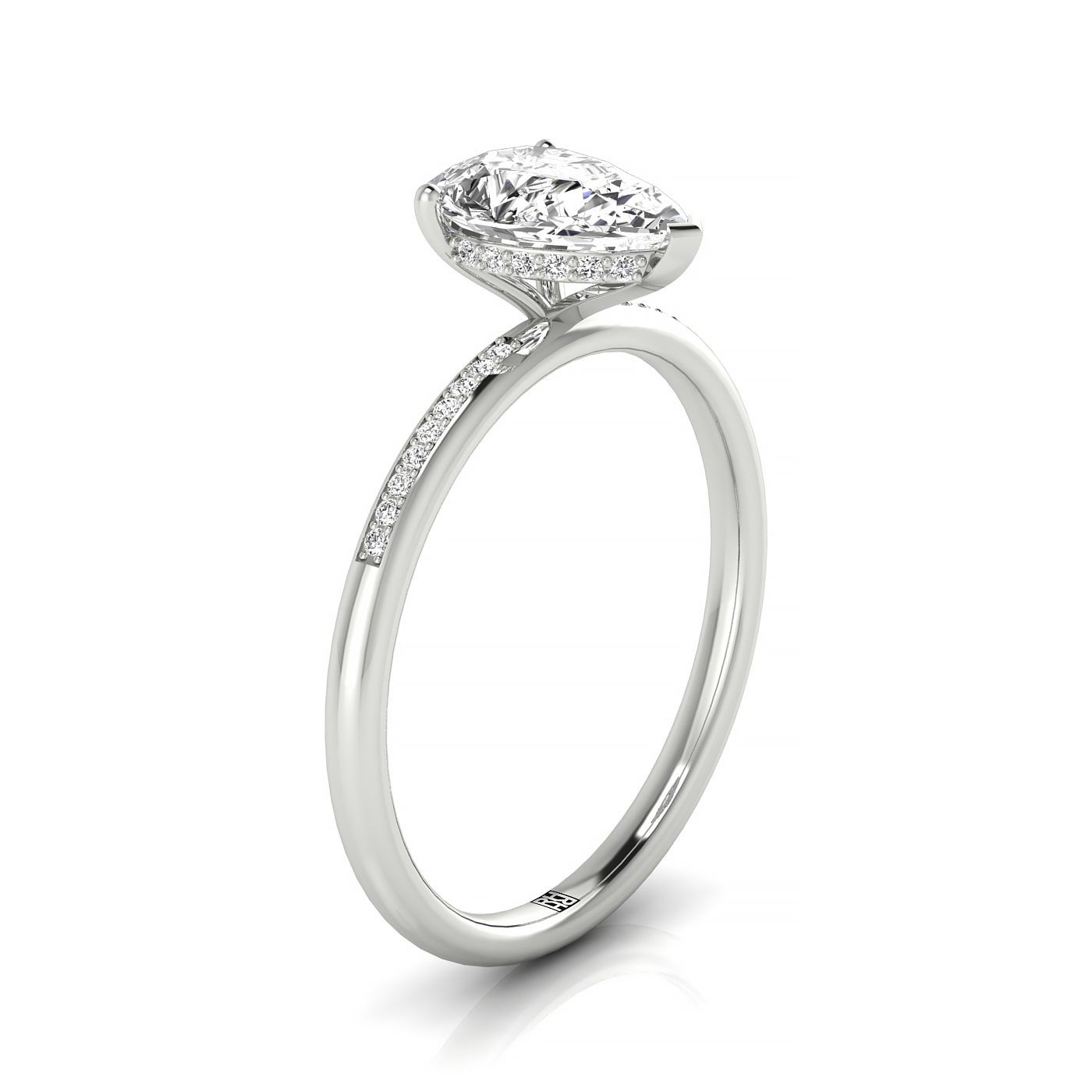 18kw Pear Engagement Ring With High Hidden Halo With 35 Prong Set Round Diamonds