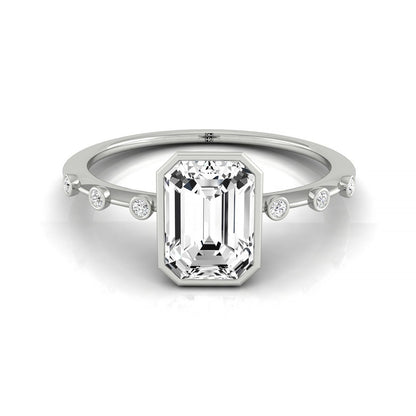 Plat Bezel Set Emerald Engagement Ring With 6 Bezel Set Round Diamonds On Shank