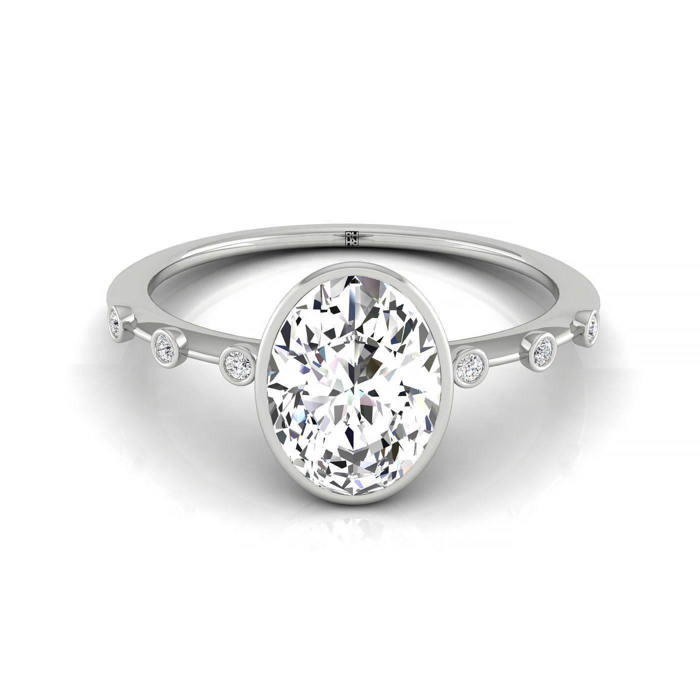14kw Bezel Set Oval Engagement Ring With 6 Bezel Set Round Diamonds On Shank