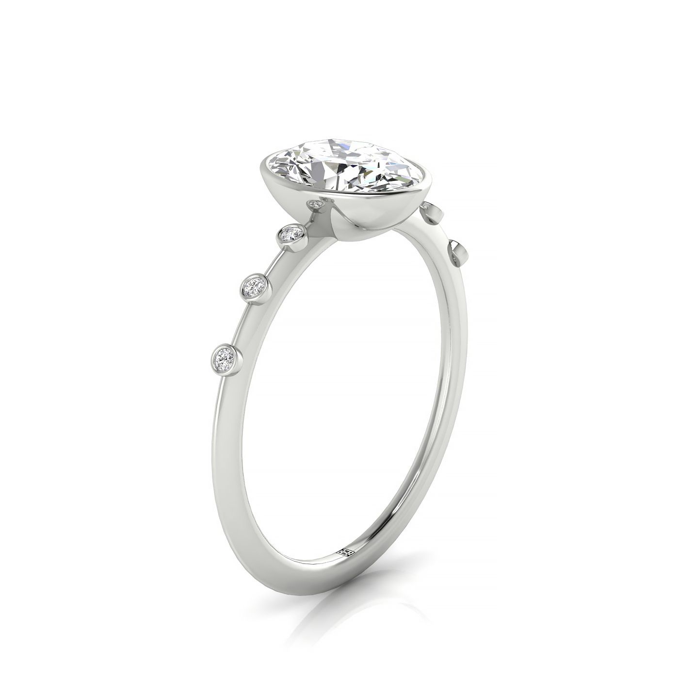 18kw Bezel Set Oval Engagement Ring With 6 Bezel Set Round Diamonds On Shank