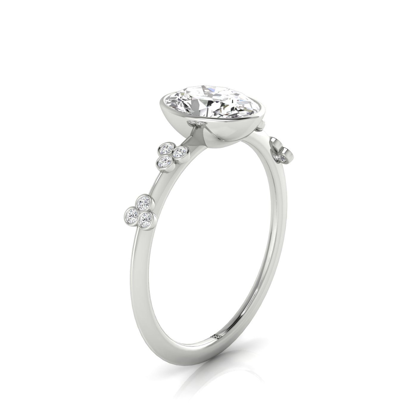 18kw Bezel Set Oval Engagement Ring With 12 Clover Bezel Set Round Diamonds On Shank