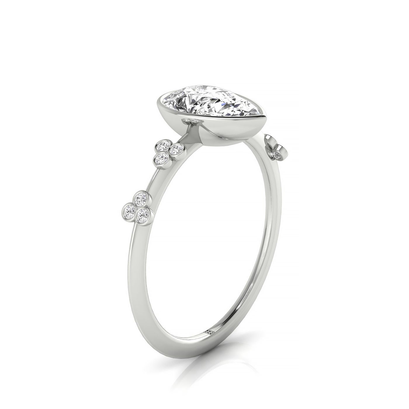 Plat Bezel Set Pear Engagement Ring With 12 Clover Bezel Set Round Diamonds On Shank