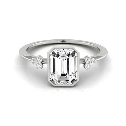 Plat Bezel Set Emerald Engagement Ring With 6 Clover Bezel Set Round Diamonds On Shank