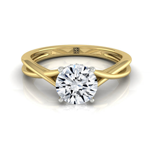 18ky Round Twisted Shank Hidden Halo Solitaire Engagement Ring With 16 Prong Set Round Diamonds