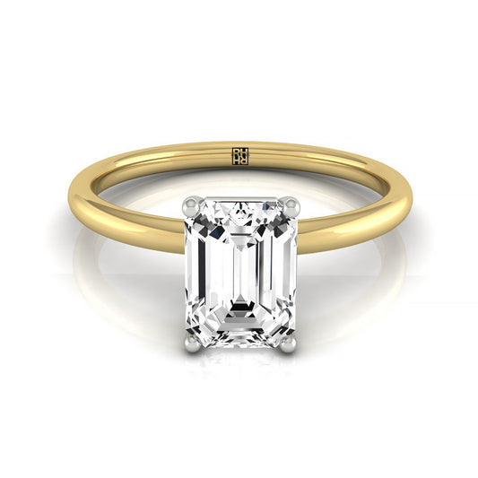 14ky Emerald Solitaire Engagement Ring With Lower Hidden Halo Curved With 8 Prong Set Round Diamonds