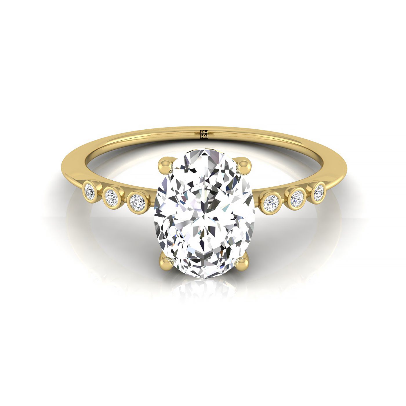 18ky Oval Engagement Ring With 6 Bezel Set Round Diamonds On Shank