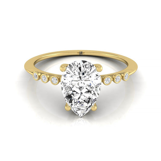 14ky Pear Engagement Ring With 6 Bezel Set Round Diamonds On Shank