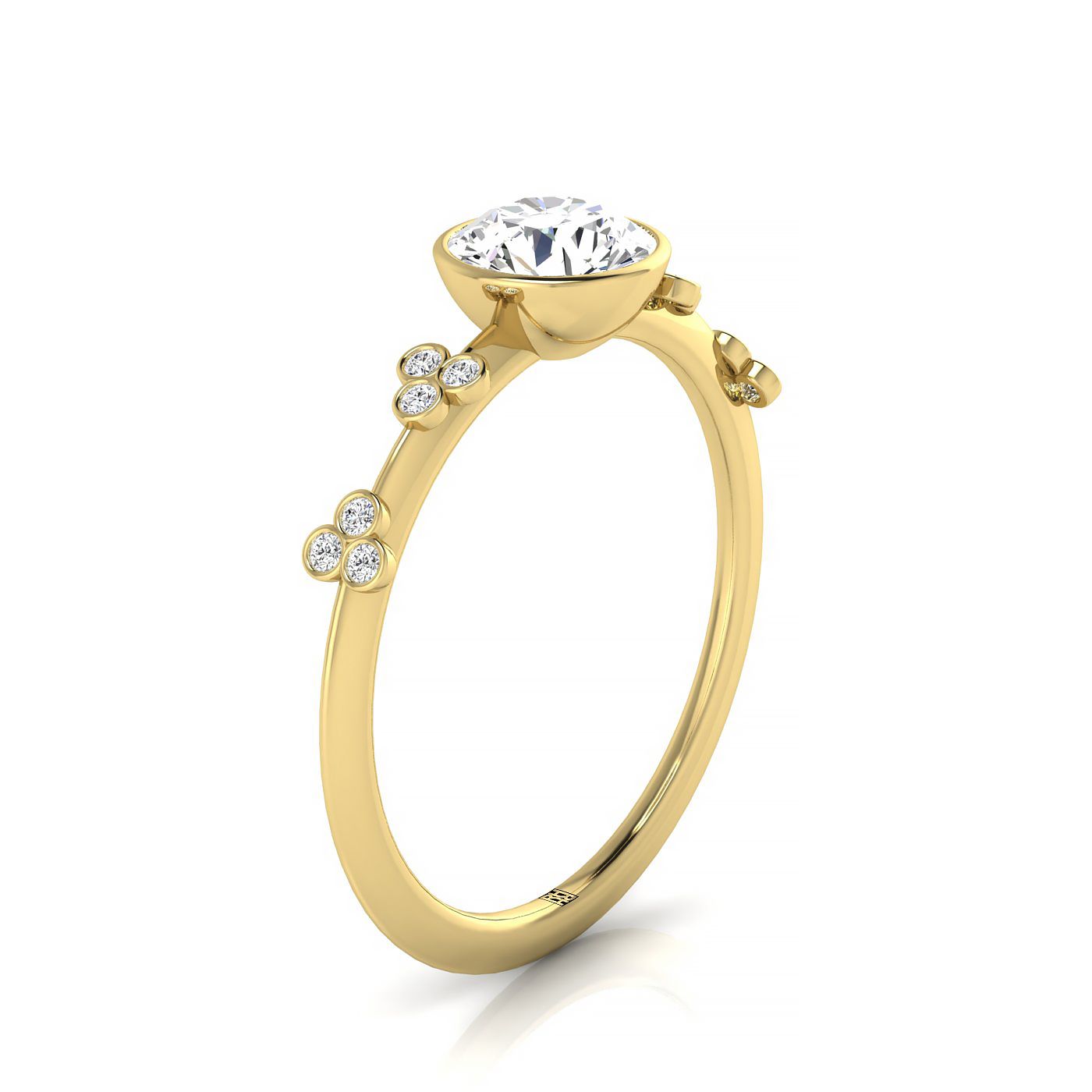 18ky Bezel Set Round Engagement Ring With 12 Clover Bezel Set Round Diamonds On Shank