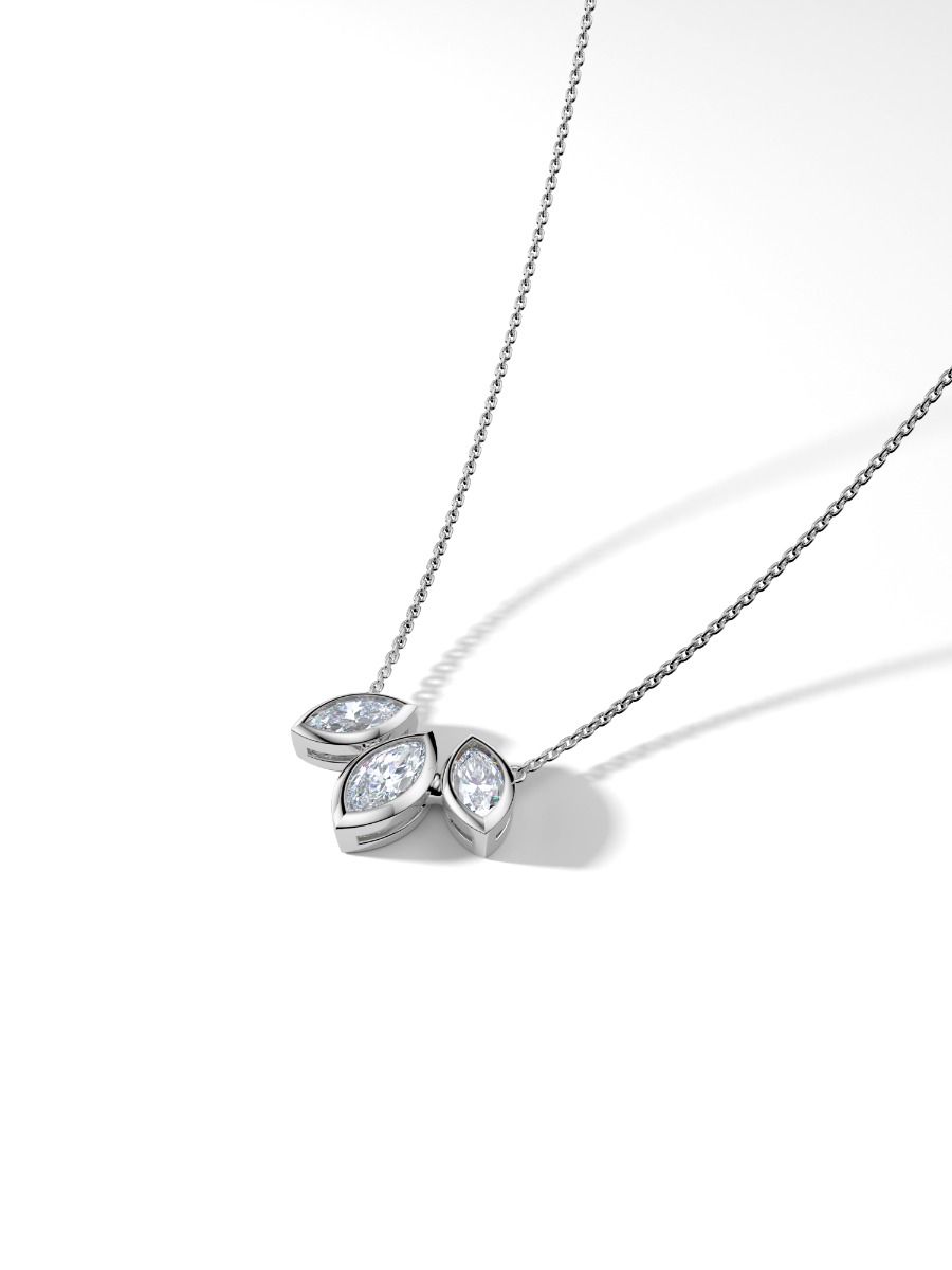 ROCKHER .925 Sterling Silver Three Marquise White Cubic Zirconia Bezel Set Pendant Necklace on 18" Chain