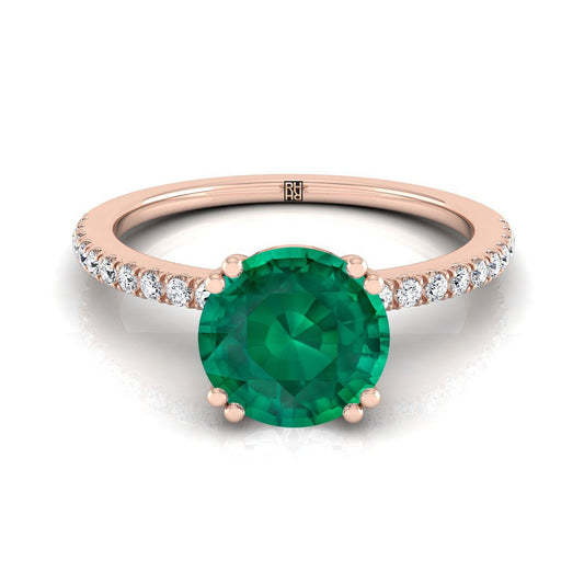 14K Rose Gold Round Brilliant Emerald Simple French Pave Double Claw Prong Diamond Engagement Ring -1/6ctw