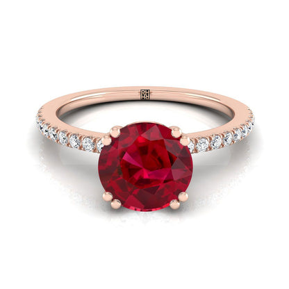 14K Rose Gold Round Brilliant Ruby Simple French Pave Double Claw Prong Diamond Engagement Ring -1/6ctw