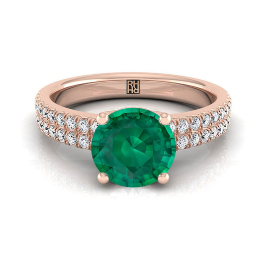 14K Rose Gold Round Brilliant Emerald Double Pave Diamond Row Engagement Ring -1/4ctw