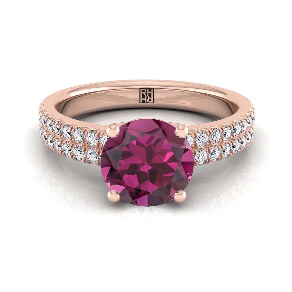 14K Rose Gold Round Brilliant Garnet Double Pave Diamond Row Engagement Ring -1/4ctw