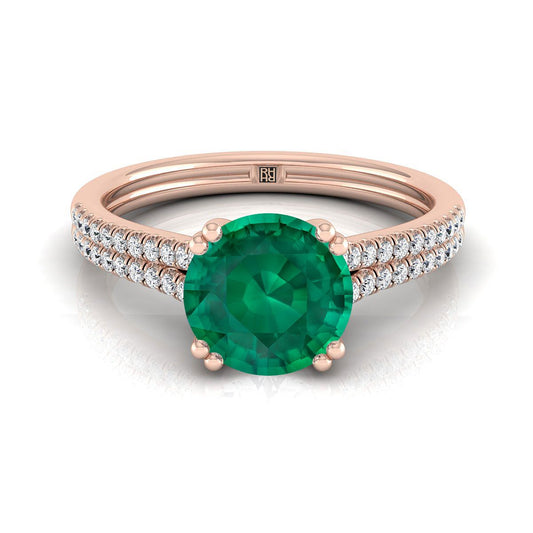 14K Rose Gold Round Brilliant Emerald Double Row Double Prong French Pave Diamond Engagement Ring -1/6ctw