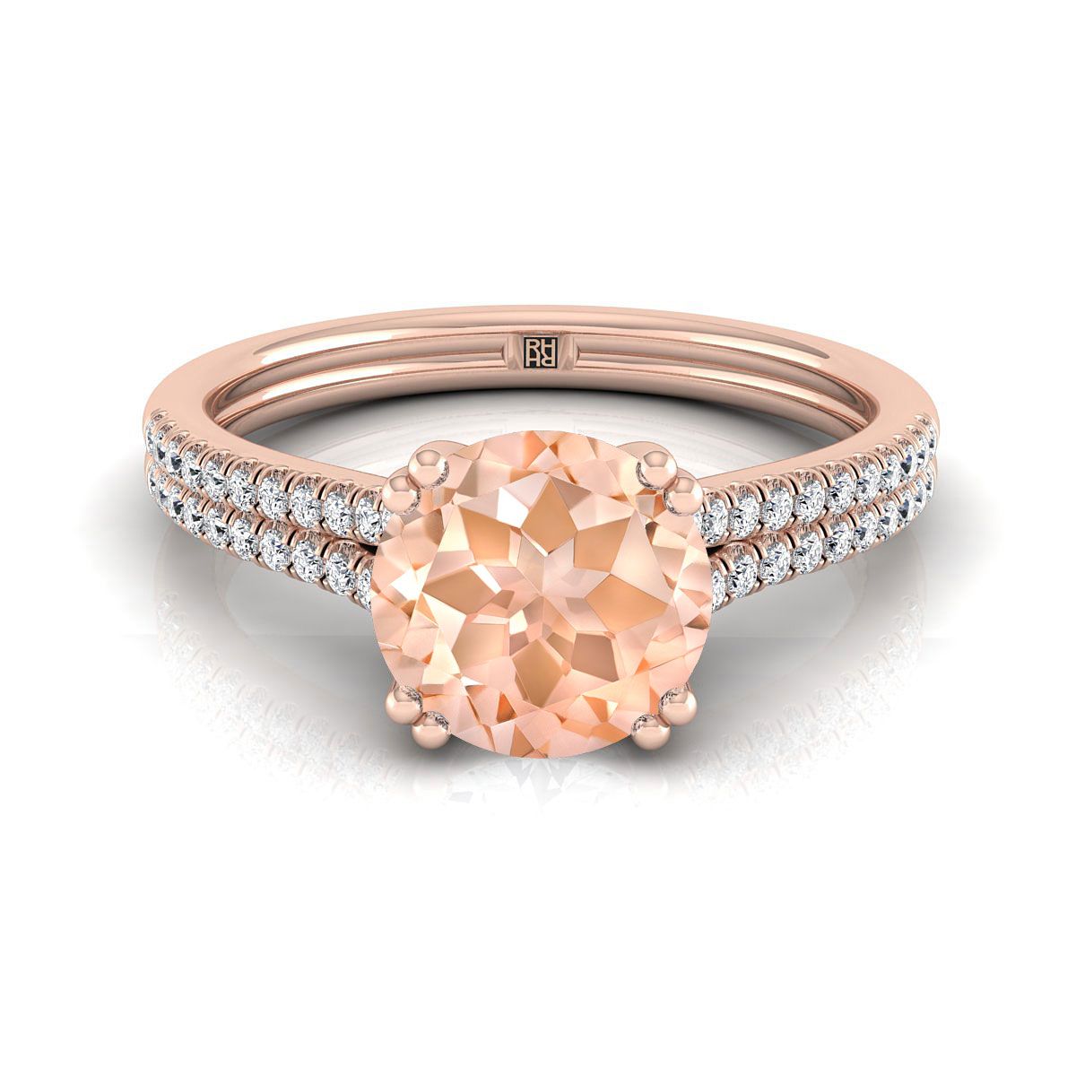 14K Rose Gold Round Brilliant Morganite Double Row Double Prong French Pave Diamond Engagement Ring -1/6ctw
