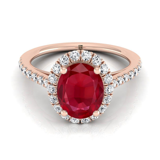 14K Rose Gold Oval Ruby Petite Halo French Diamond Pave Engagement Ring -3/8ctw
