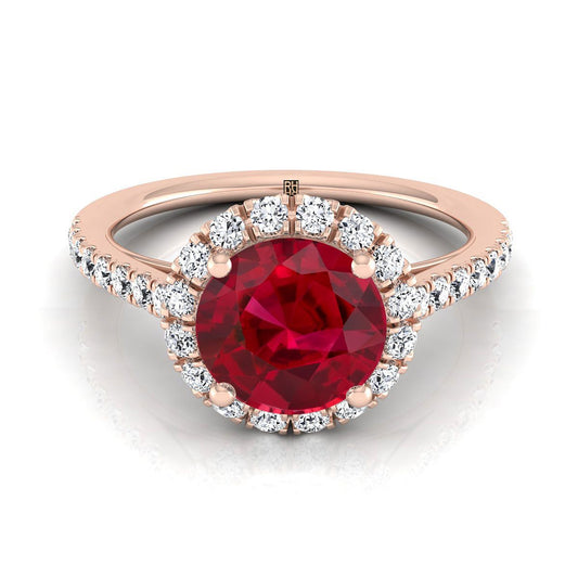 14K Rose Gold Round Brilliant Ruby Petite Halo French Diamond Pave Engagement Ring -3/8ctw