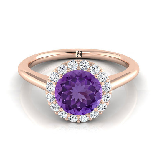 14K Rose Gold Round Brilliant Amethyst Shared Prong Diamond Halo Engagement Ring -1/5ctw