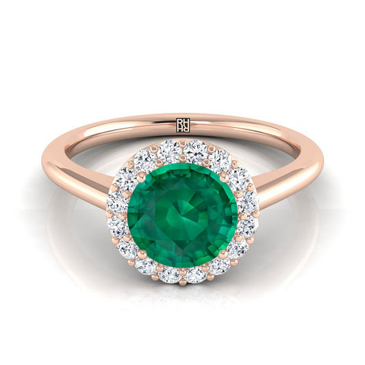 14K Rose Gold Round Brilliant Emerald Shared Prong Diamond Halo Engagement Ring -1/5ctw