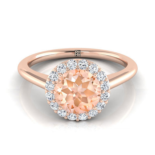 14K Rose Gold Round Brilliant Morganite Shared Prong Diamond Halo Engagement Ring -1/5ctw
