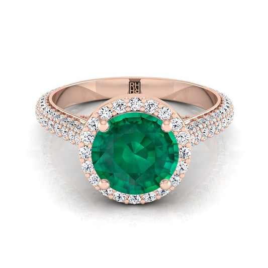 14K Rose Gold Round Brilliant Emerald Micro-Pavé Halo With Pave Side Diamond Engagement Ring -7/8ctw