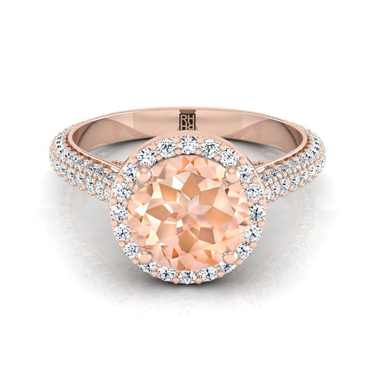14K Rose Gold Round Brilliant Morganite Micro-Pavé Halo With Pave Side Diamond Engagement Ring -7/8ctw
