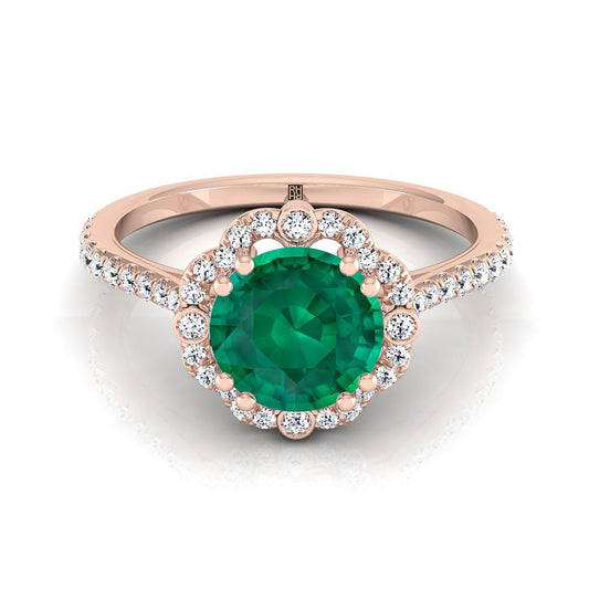 14K Rose Gold Round Brilliant Emerald Ornate Diamond Halo Vintage Inspired Engagement Ring -1/4ctw