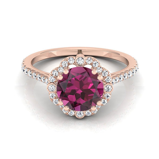 14K Rose Gold Round Brilliant Garnet Ornate Diamond Halo Vintage Inspired Engagement Ring -1/4ctw