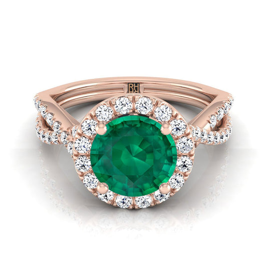 14K Rose Gold Round Brilliant Emerald  Twisted Scalloped Pavé Diamonds Halo Engagement Ring -1/2ctw