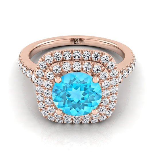 14K Rose Gold Round Brilliant Swiss Blue Topaz Double Halo with Scalloped Pavé Diamond Engagement Ring -1/2ctw