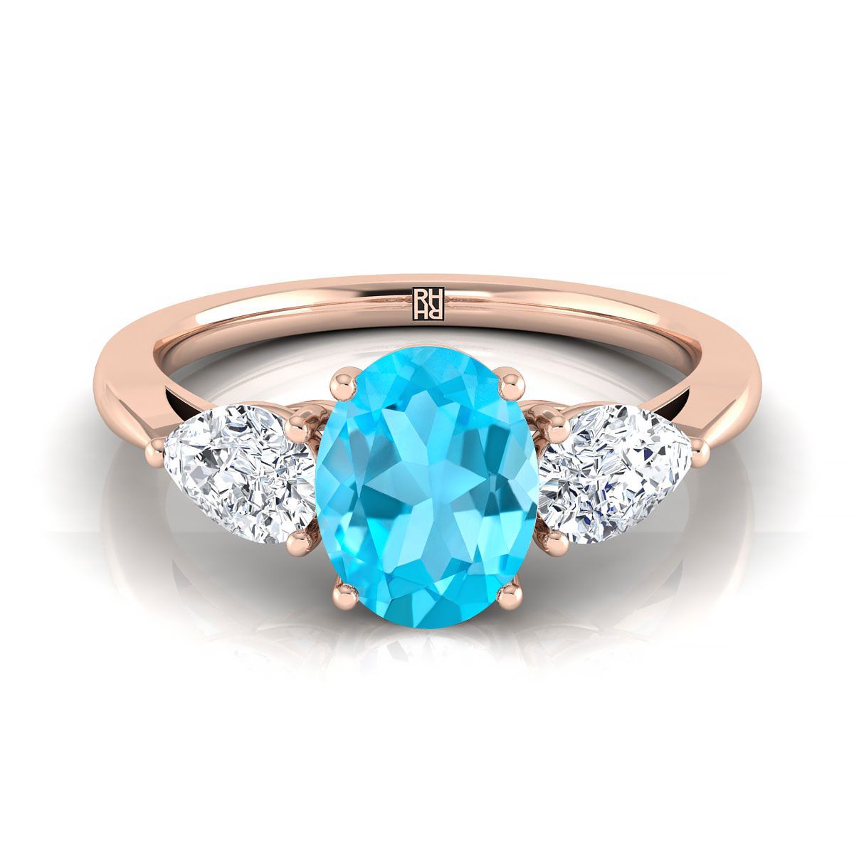 14K Rose Gold Oval Swiss Blue Topaz Perfectly Matched Pear Shaped Three Diamond Engagement Ring -7/8ctw
