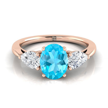 14K Rose Gold Oval Swiss Blue Topaz Perfectly Matched Pear Shaped Three Diamond Engagement Ring -7/8ctw
