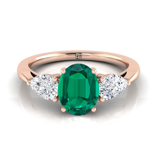 14K Rose Gold Oval Emerald Perfectly Matched Pear Shaped Three Diamond Engagement Ring -7/8ctw