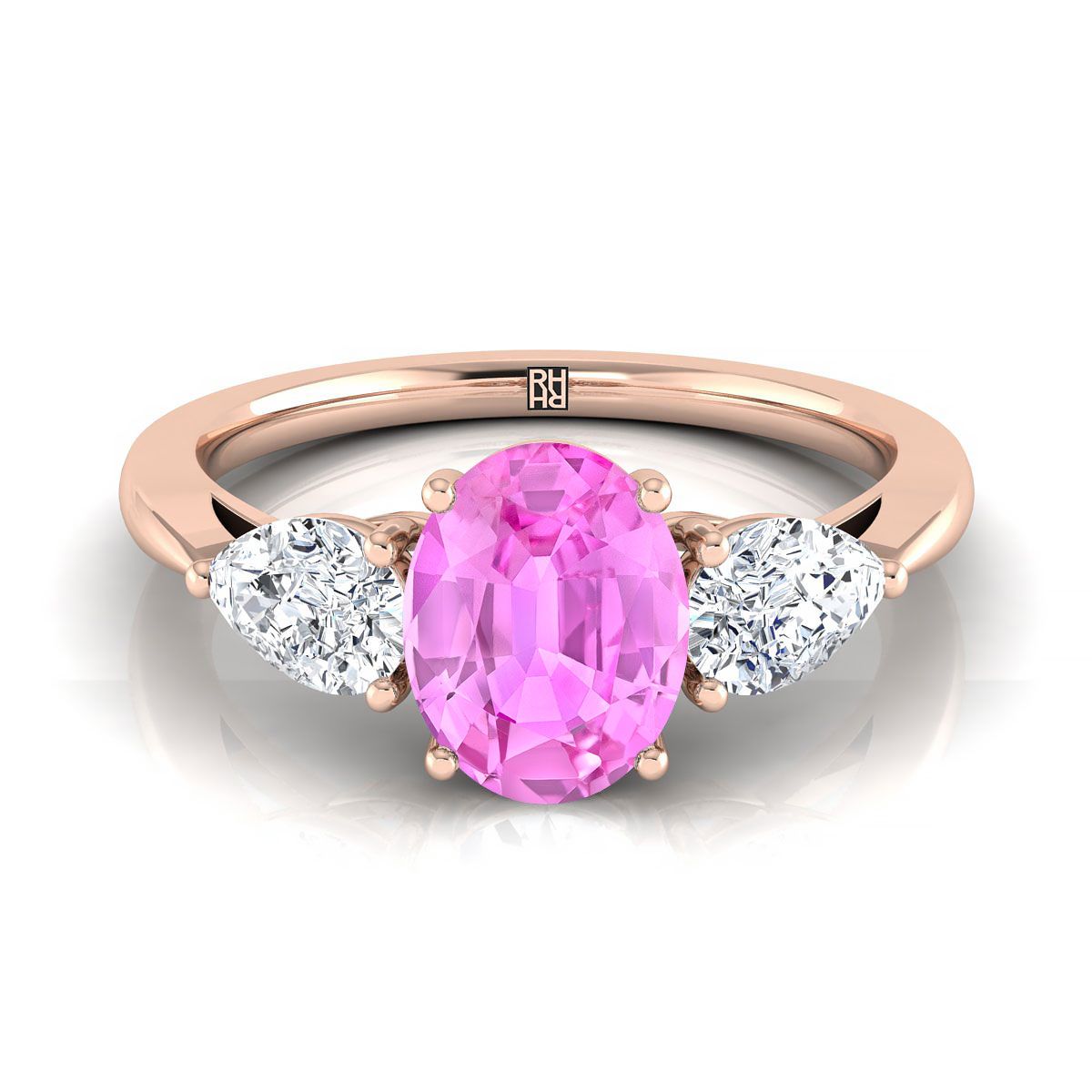14K Rose Gold Oval Pink Sapphire Perfectly Matched Pear Shaped Three Diamond Engagement Ring -7/8ctw