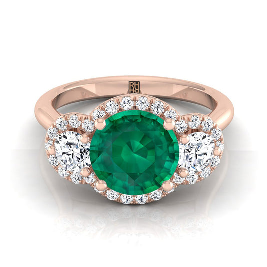 14K Rose Gold Round Brilliant Emerald French Pave Diamond Three Stone Engagement Ring -1/2ctw