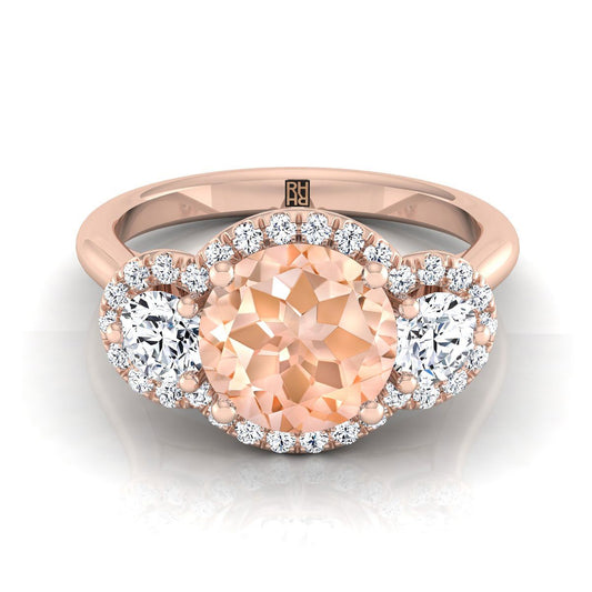 14K Rose Gold Round Brilliant Morganite French Pave Diamond Three Stone Engagement Ring -1/2ctw