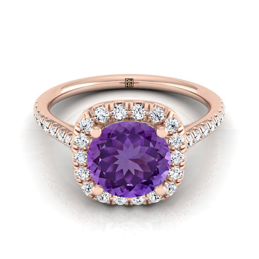 14K Rose Gold Round Brilliant Amethyst Simple Prong Set Halo Engagement Ring -1/3ctw