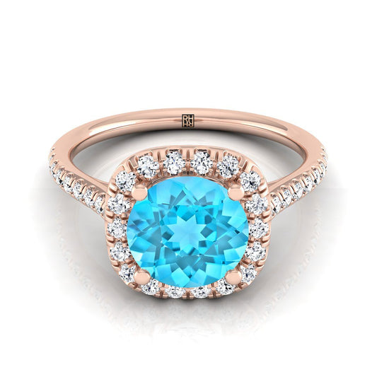 14K Rose Gold Round Brilliant Swiss Blue Topaz Simple Prong Set Halo Engagement Ring -1/3ctw