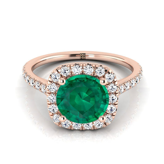 14K Rose Gold Round Brilliant Emerald Halo Diamond Pave Engagement Ring -1/3ctw