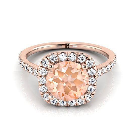 14K Rose Gold Round Brilliant Morganite Halo Diamond Pave Engagement Ring -1/3ctw