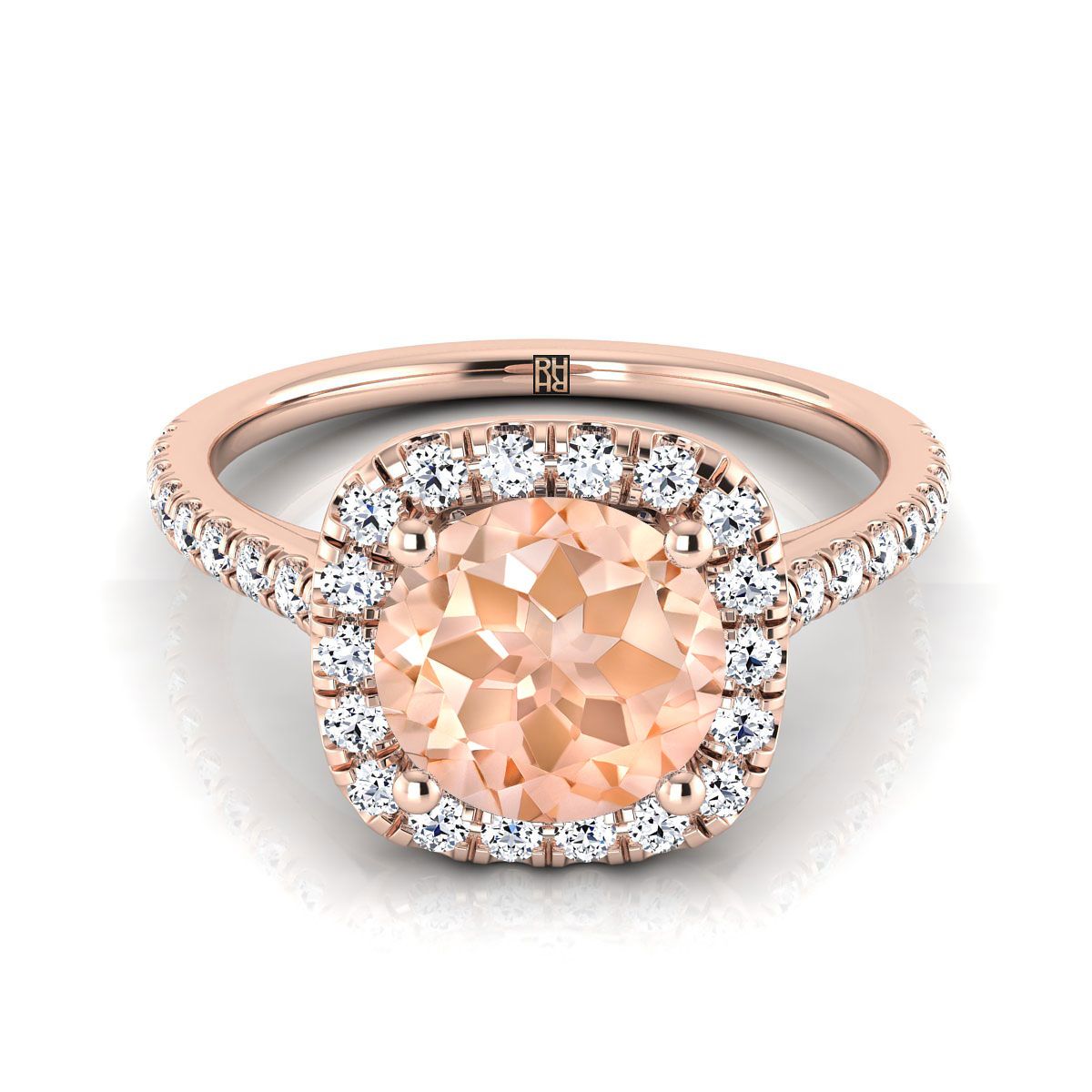 14K Rose Gold Round Brilliant Morganite Halo Diamond Pave Engagement Ring -1/3ctw