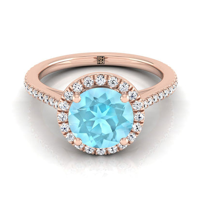14K Rose Gold Round Brilliant Classic French Pave Halo and Linear Engagement Ring -1/4ctw
