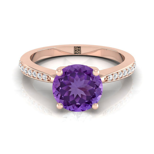 14K Rose Gold Round Brilliant Amethyst Tapered Pave Diamond Engagement Ring -1/8ctw