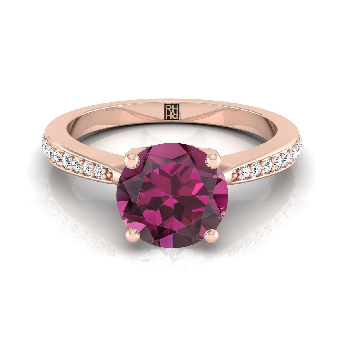 14K Rose Gold Round Brilliant Garnet Tapered Pave Diamond Engagement Ring -1/8ctw