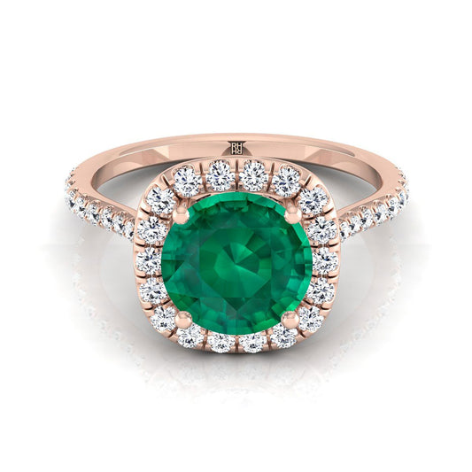 14K Rose Gold Round Brilliant Emerald Shared Prong Diamond Halo Engagement Ring -3/8ctw